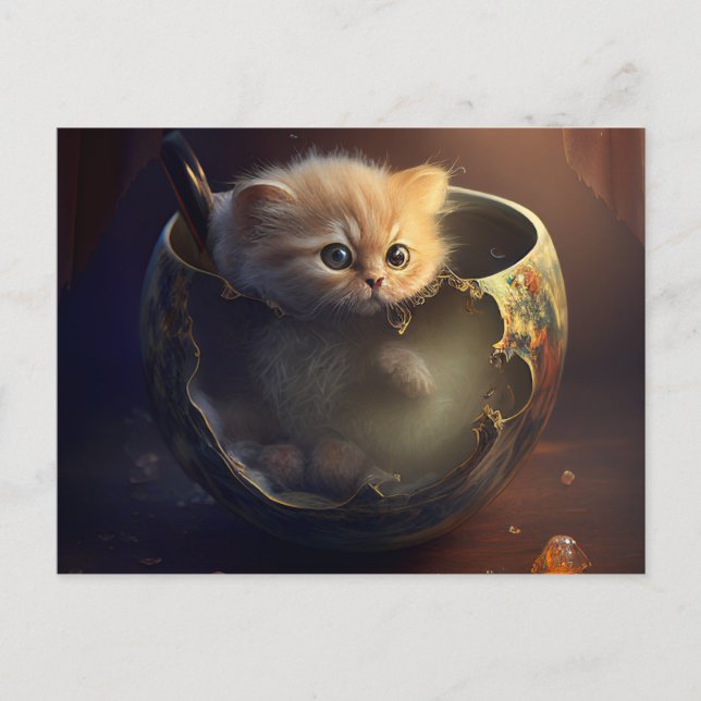 Gatito en una taza de té rota - postal para gato (Anverso)