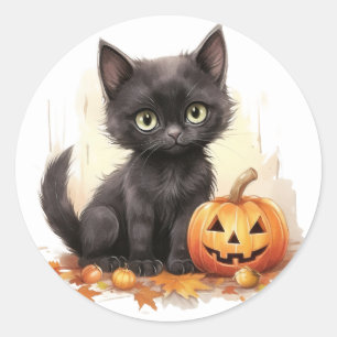 Gatito lindo con Pegatinas de calabaza de Hallowee
