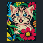Gatito lindo en Poster de pintura de arte pop<br><div class="desc">Un bonito gatito con ojos azules juega en la naturaleza con flores y mariposas en el estilo de pintura pop art.</div>