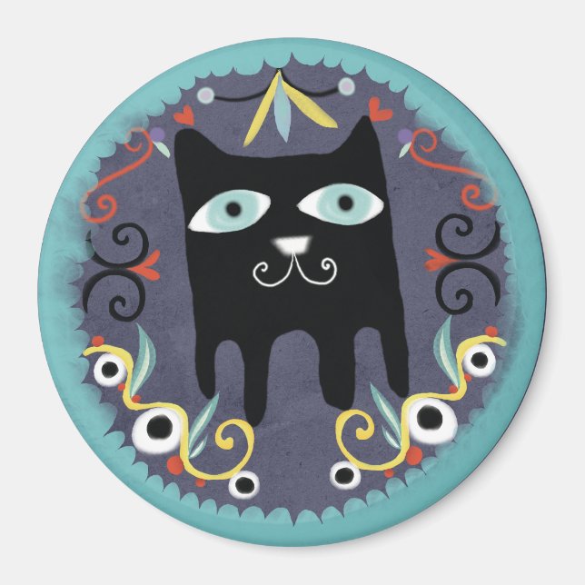 Gatito negro adorable kawaii gato imán azul (Frente)