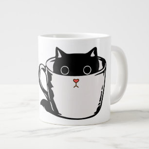 Gatito negro con nariz roja escondido en una taza