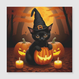 Gatito negro con sombrero de bruja entre calabazas