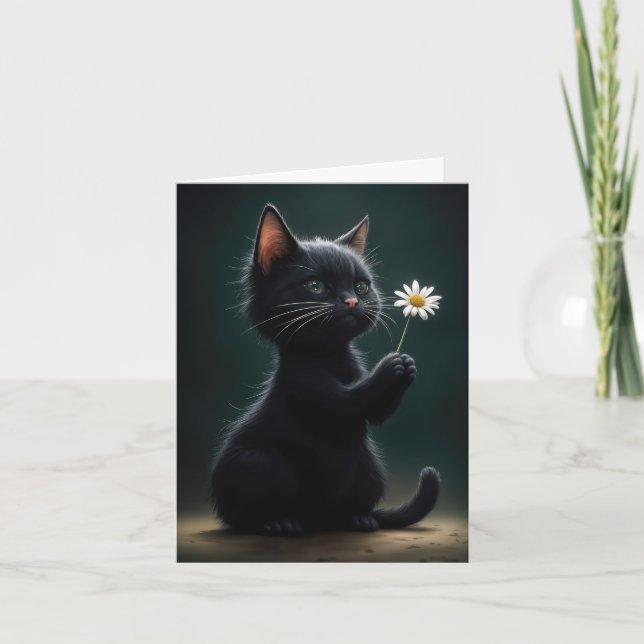 Gatito negro con tarjeta de nota de margarita blan (Anverso)