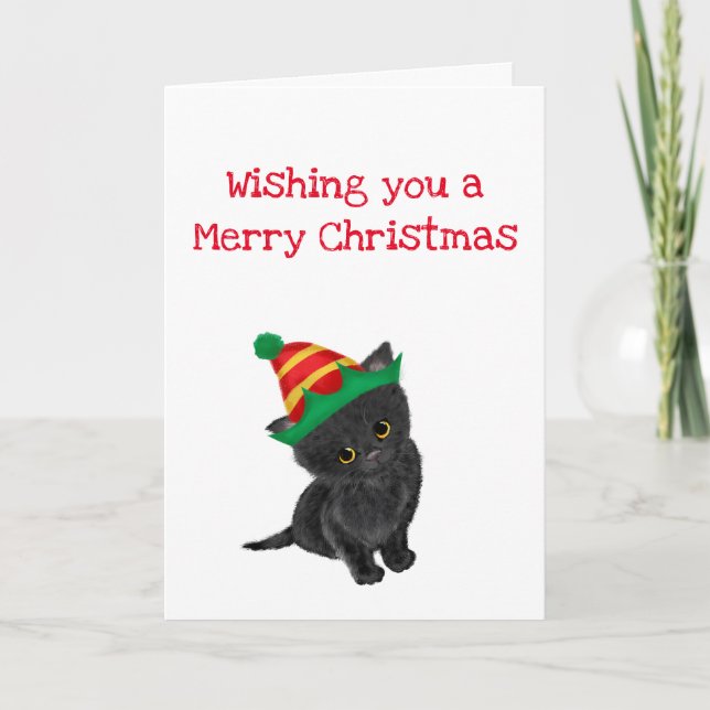 Gatito negro deseando una feliz tarjeta de Navidad (Anverso)