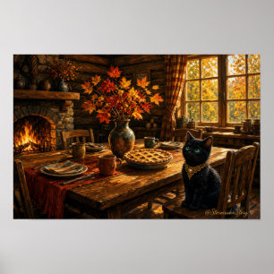 Gatito negro en la mesa de cena de otoño Impresión