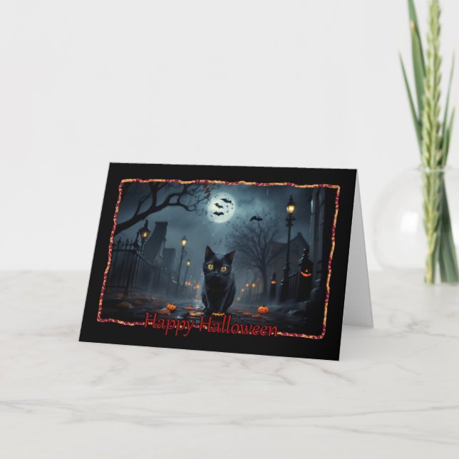 Gatito negro lanza tarjeta de Halloween feliz (Anverso)