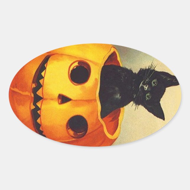 Gatito negro pegatina de Halloween con gato encerr (Anverso)