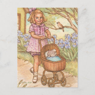 Gatito nostálgico en tarjeta postal de transporte 