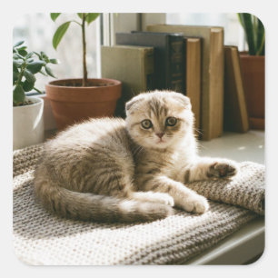 Gatito plegado escocés lindo pegatina cuadrada 