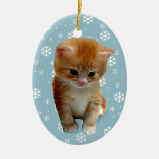 Gatito rojo lindo, copos de nieve en adorno azul (Frente)