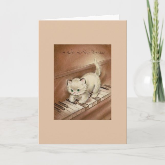 Gatito vintage en tarjeta de felicitación de cumpl (Anverso)