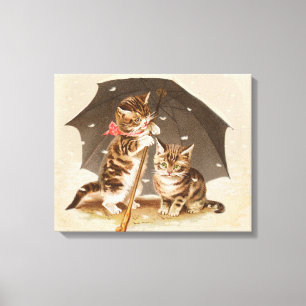 Gatitos antiguos bajo paraguas arte de gato antigu