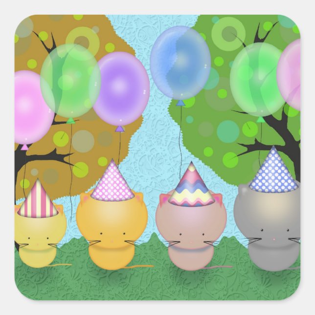 Gatitos con globos Pegatinas de cumpleaños (Anverso)