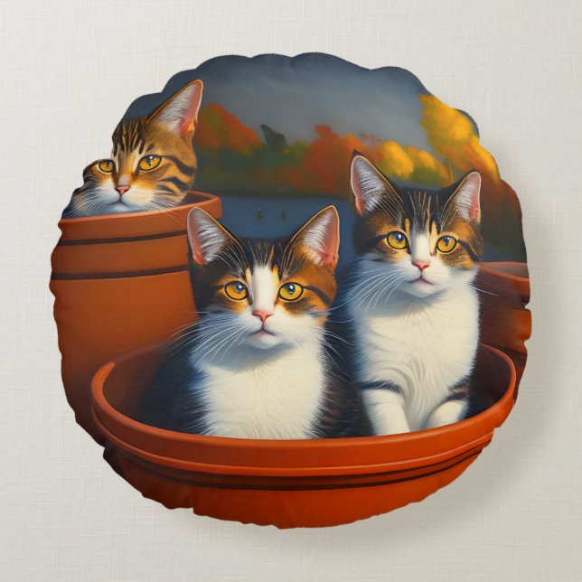 Gatitos de la planta de ollas, cojín redondo (Anverso)
