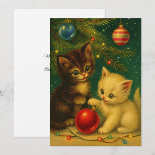 Gatitos lindos debajo del árbol de Navidad Retro