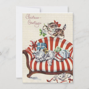 Gatitos Vintage De Navidad Con Regalos En El Sofá