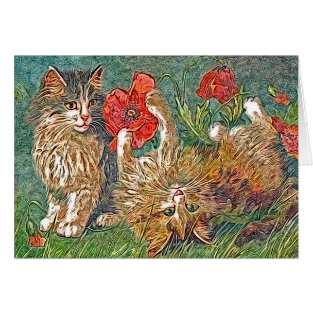Gatitos y amapolas toda la tarjeta de felicitación (Anverso (Horizontal))