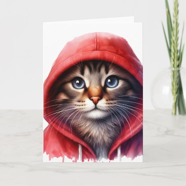 Gato Adorable con Capucha Roja Tarjeta de Agradeci (Anverso)