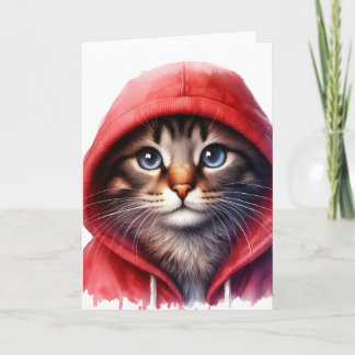 Gato Adorable con Capucha Roja Tarjeta de Felicita