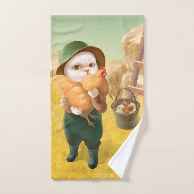 Gato Adorable con Hen en la Granja (Toalla de mano)