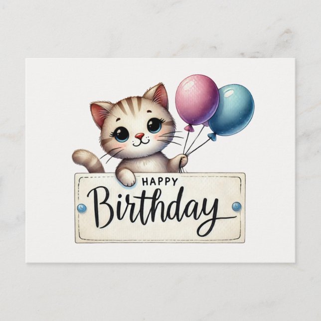 Gato Adorable con tarjeta de cumpleaños de globos (Anverso)