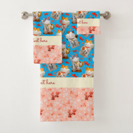 Gato afortunado japonés Kimono azul rosa Carpa Koi