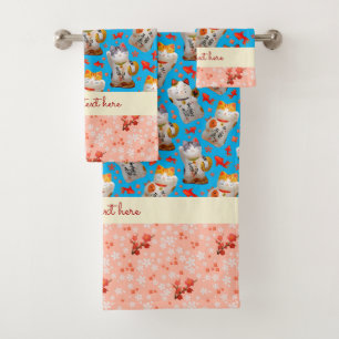 Gato afortunado japonés Kimono azul rosa Carpa Koi