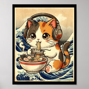 Gato Anime Ramen Jugador Arte Japonés Retro Vintag