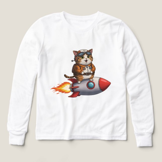 Gato Astronauta Adorable Montando un Cohete (Diseño frontal)