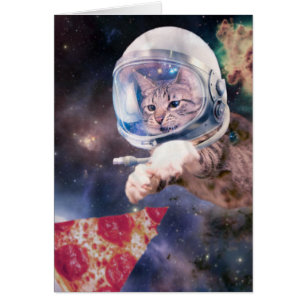 Gato astronauta cazando una porción de pizza