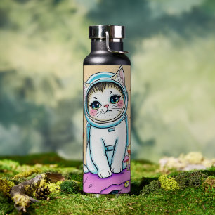 Gato astronauta sueña con botella de agua