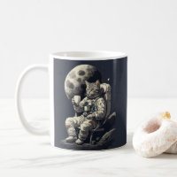 Gato astronauta tomando una copa de café