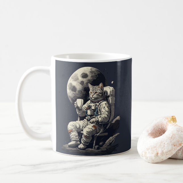Gato astronauta tomando una copa de café (Con donut)