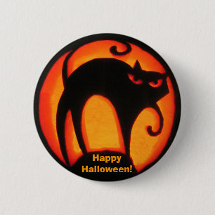 ¡Gato asustadizo del feliz Halloween! Botón