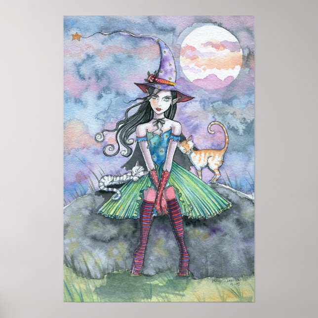 Gato atigrado bruja luna arte impresión póster (Frente)