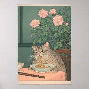Gato atigrado comiendo fideos Ukiyo-e Arte Impreso
