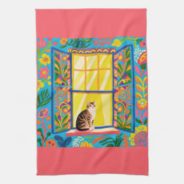 Gato atigrado en ventana soleada T Toalla | Flora 