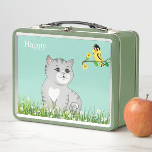 Gato atigrado feliz y lindo & pajarito en azul cla