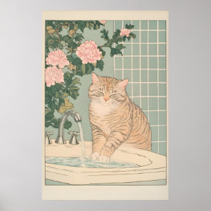 Gato atigrado Impresión de Baño Ukiyo-e Arte de Pa