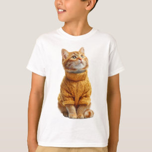 Gato atigrado naranja en suéter de punto para niño
