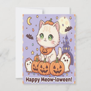 Gato awaii con tarjeta Halloween con traje de cala