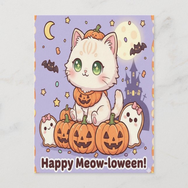 Gato awaii con tarjeta Halloween con traje de cala (Anverso)