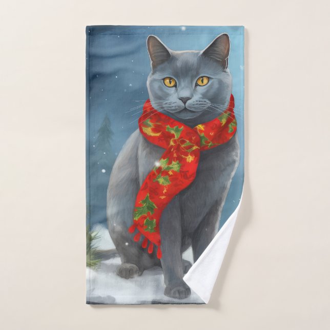 Gato azul ruso en Navidades de nieve (Toalla de mano)