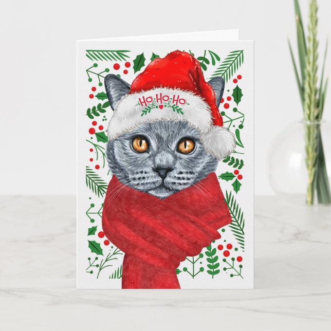 Gato azul ruso en un Navidad pobre de Santa Hat (Anverso)