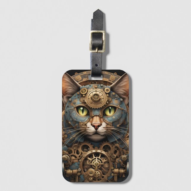 gato azul steampunk arte AI Lumaleta Etiqueta (Anverso vertical)