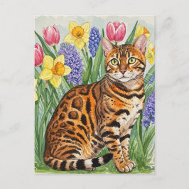 Gato bengalí en postal de flor de primavera