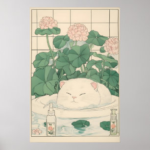 Gato blanco Bañera Imprimir, Ukiyo-e Arte Japonés