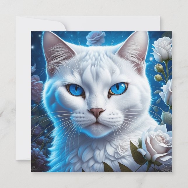 Gato blanco con ojos azules brillantes floral  (Anverso)
