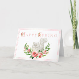Gato blanco con tarjeta de Pascua de Flores Rosa