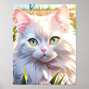 Gato blanco en arte de IA en campo de flores